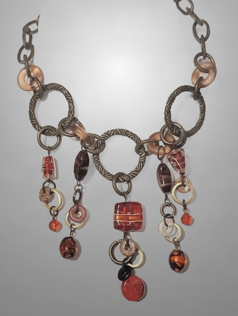 Chicos Red Dangle Bib Necklace Brass-tone Glass Boho Designer Jewelry rd03-34